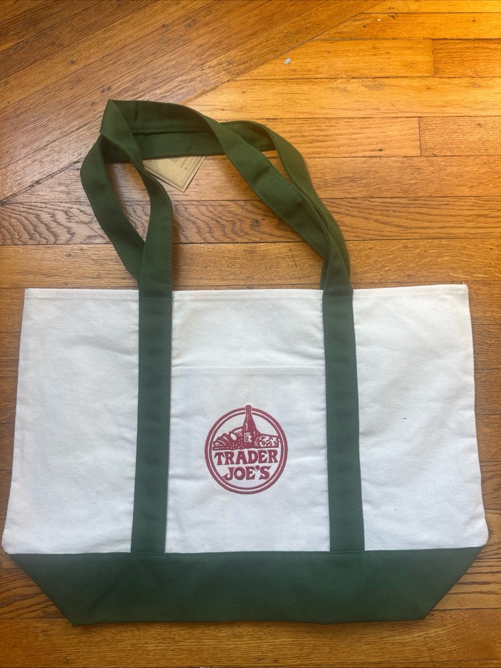Trader Joe's White and Green Canvas Tote Large Bag New With Tags